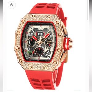 Brand New Black Red Silicone Band Watch Silver Gold Diamond Watch Bling Iced Out